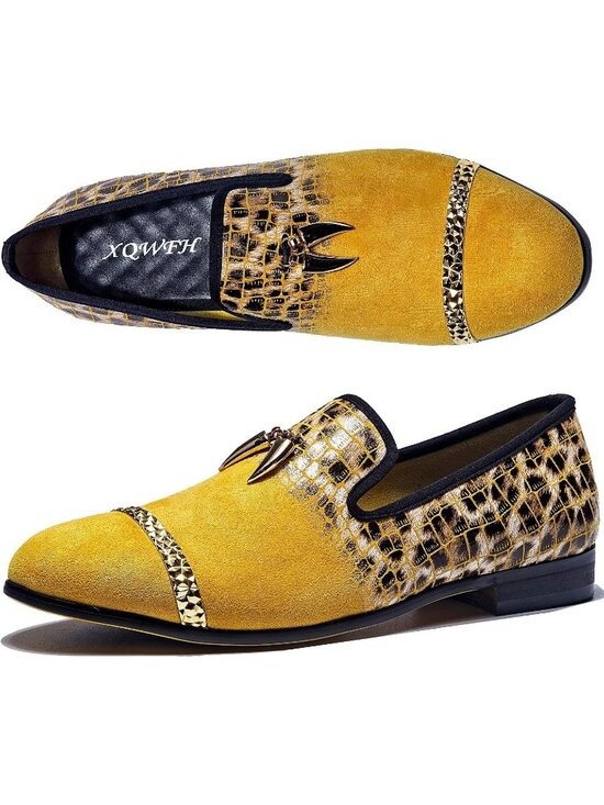 XQWFH Men\'s Gold Velvet Leather Loafer Embroidery Spiked Slip On Fashion Shoes main image 6